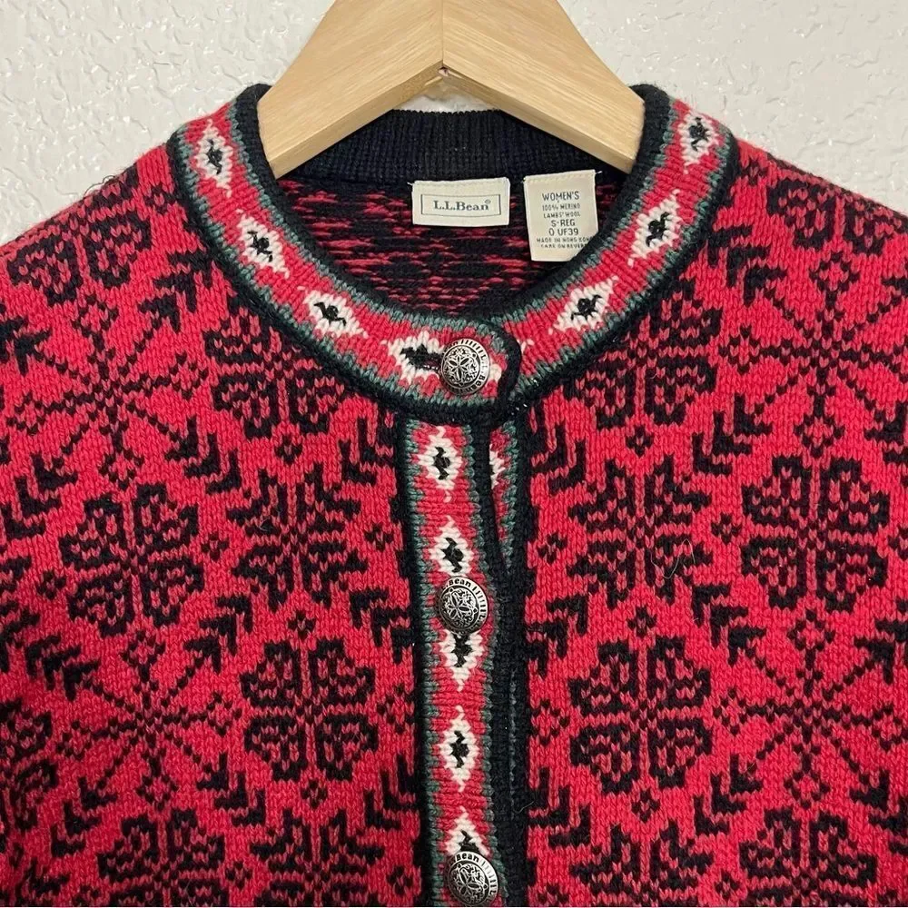 Vintage L.L Bean Wool Icelandic Red Cardigan Sweater Size S